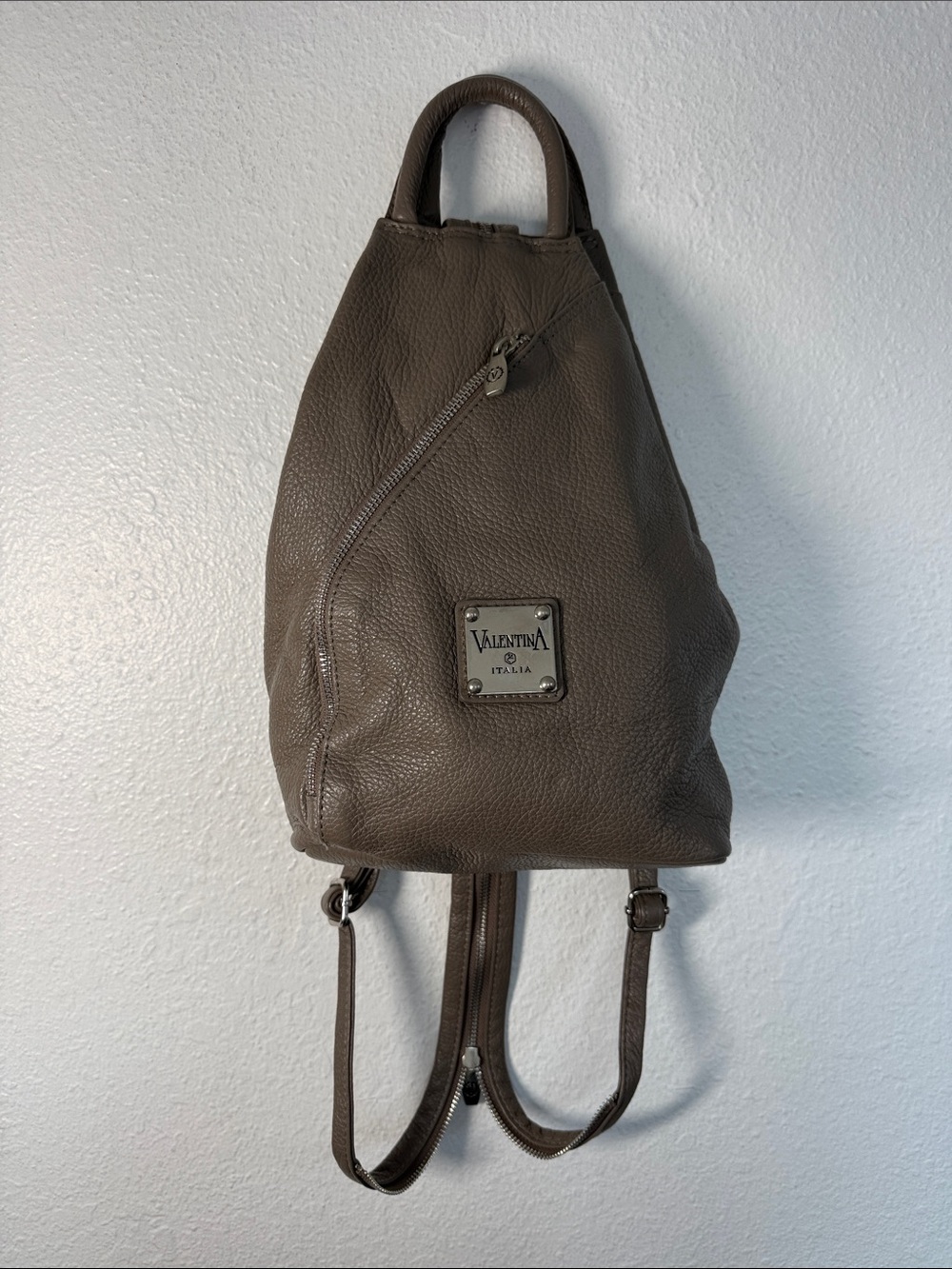 Valentina Taupe Pebbled Leather Backpack Sling